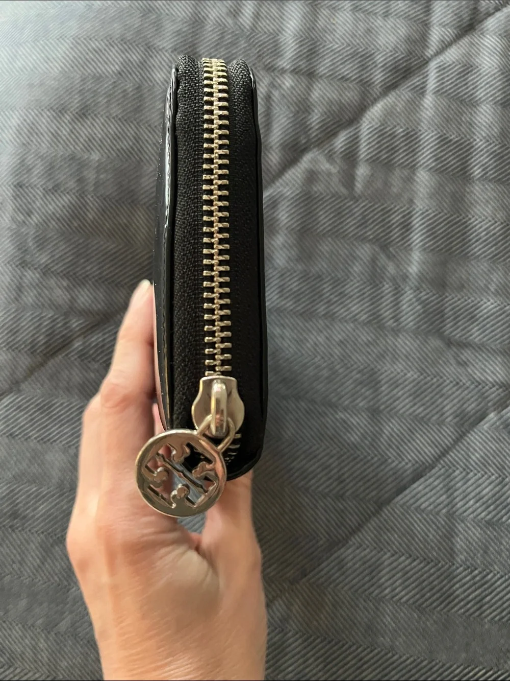 Tory Burch Black Patent Zip Wallet with Gold Logo Medallion